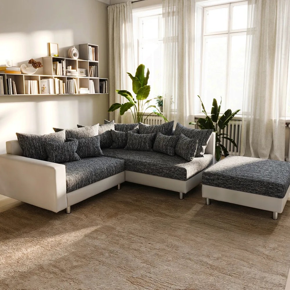 DELIFE Ecksofa Clovis Weiss Schwarz Hocker Armlehne Ottomane Rechts modular