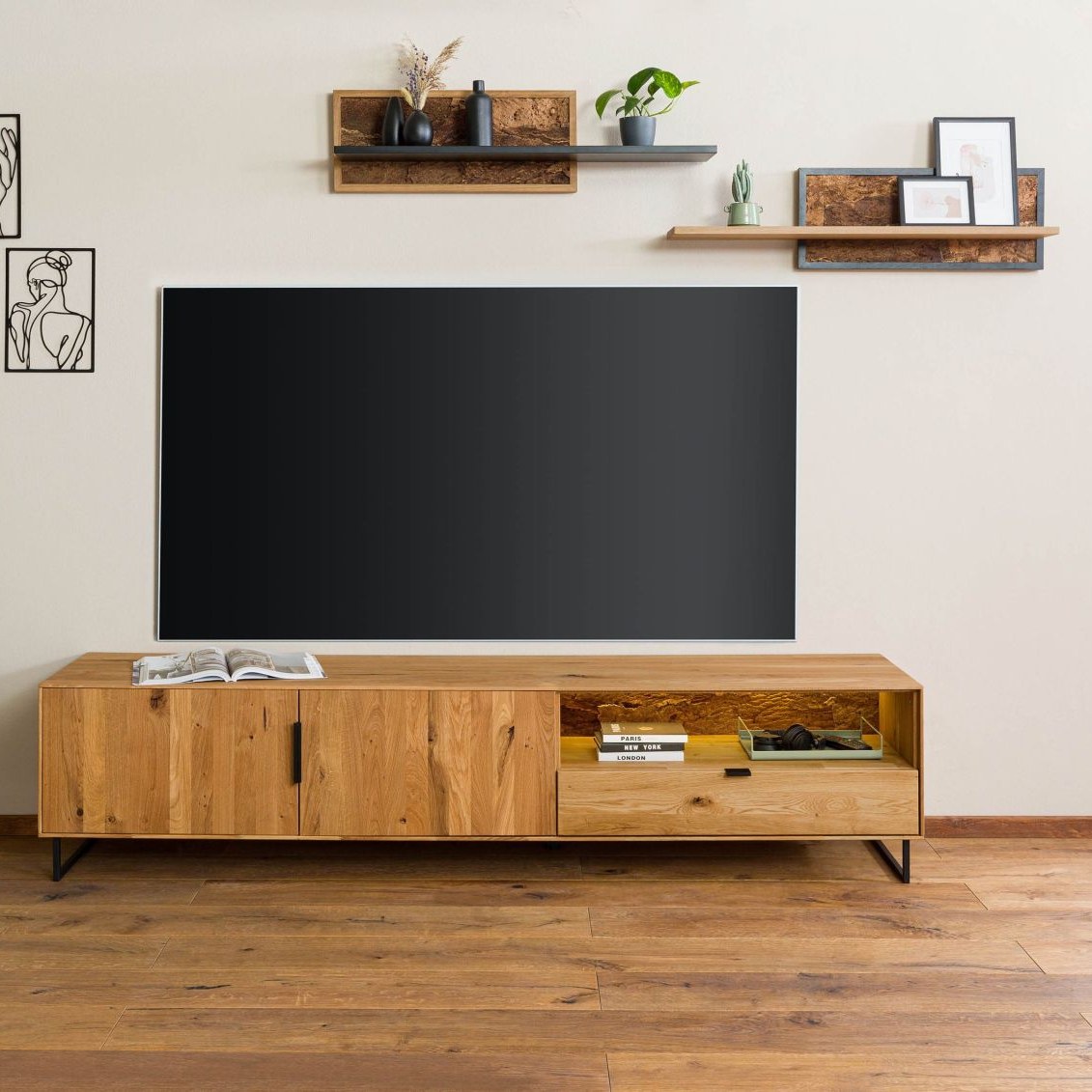 Massivmoebel24.de Lowboard Wildeiche mit Holztür 220x43x51 natur geölt LINDAU #26