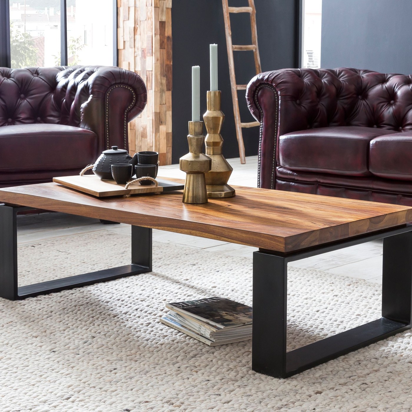 FineBuy Couchtisch Sheesham Massivholz 115cm