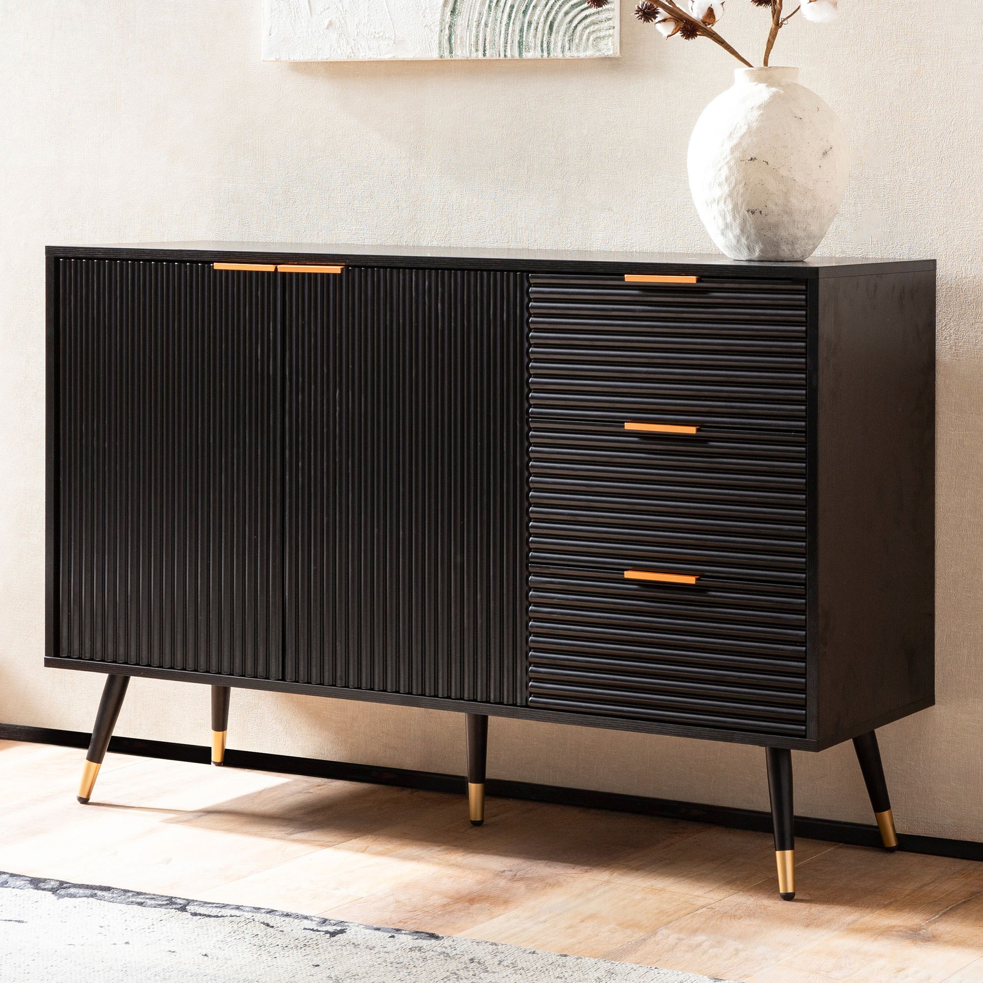 FineBuy Sideboard 120x80x40 cm Anrichte Schwarz mit Eiche-Dekor