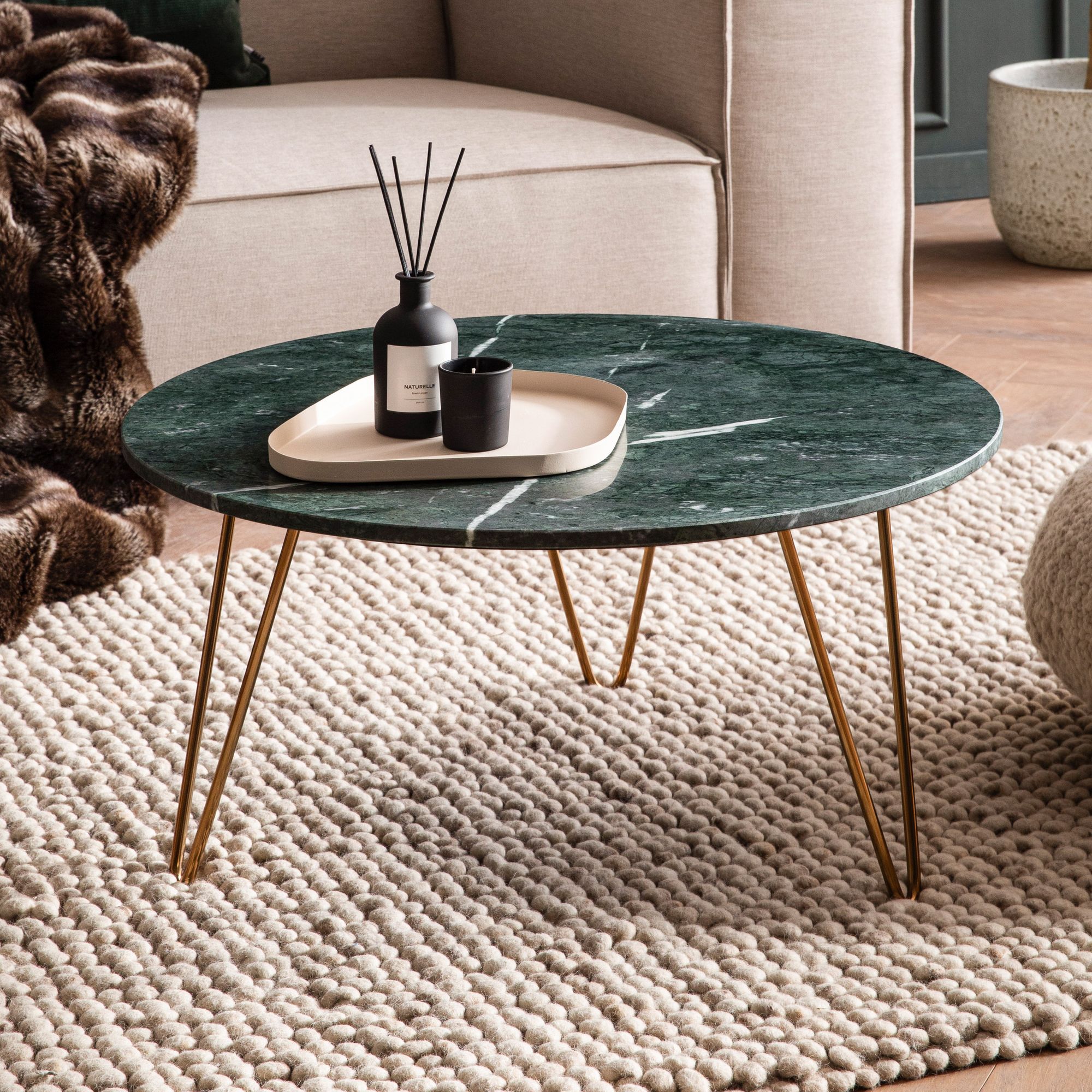 FineBuy Couchtisch Echter Marmor Grün 70x70x35 cm Sofatisch Metall Gold
