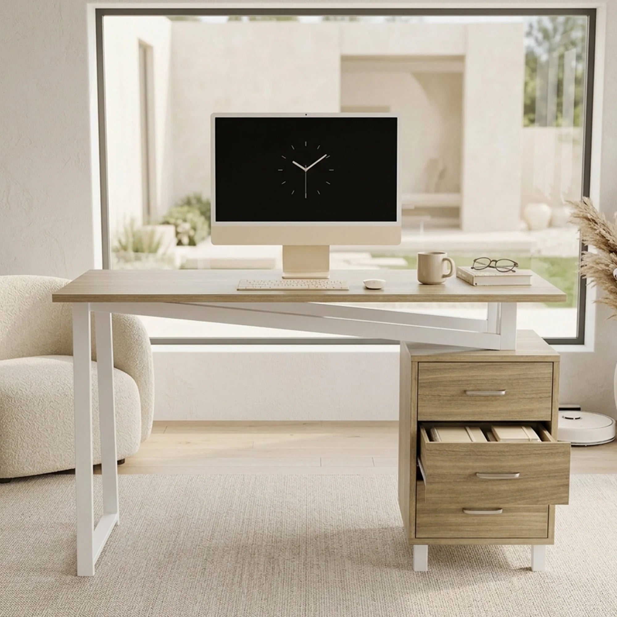 JoyyeLife Natural Wood MDF Desk mit 3 Drawers