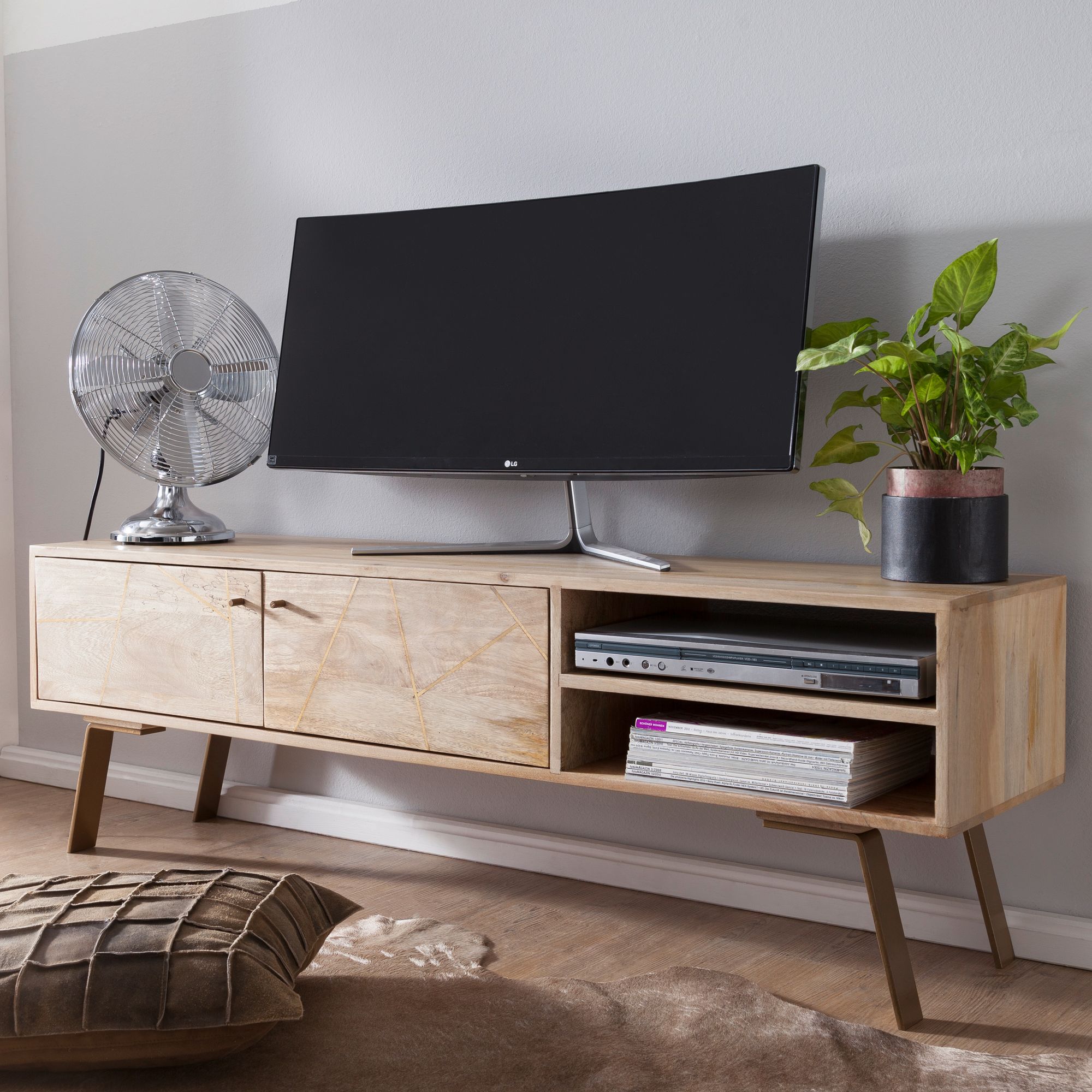 FineBuy HiFi Lowboard SIKAR Mango Massivholz TV Kommode 145x47x35 cm