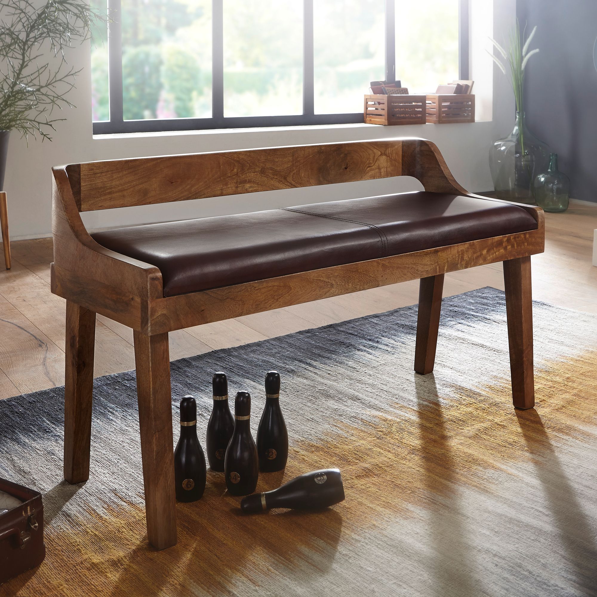 FineBuy gepolsterte Sitzbank mit Lehne 108 cm Massivholz Echtleder Braun