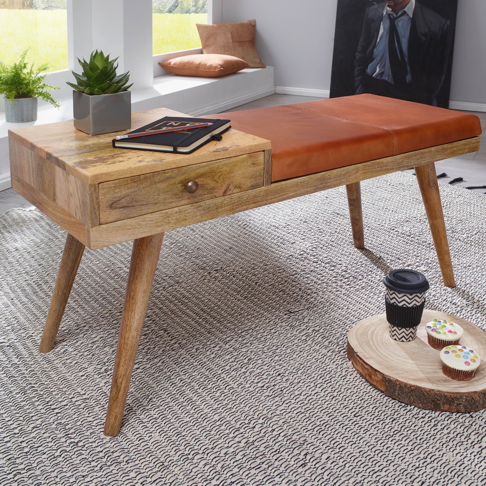FineBuy gepolsterte Sitzbank 100 cm Massivholz Echtleder mit Schublade