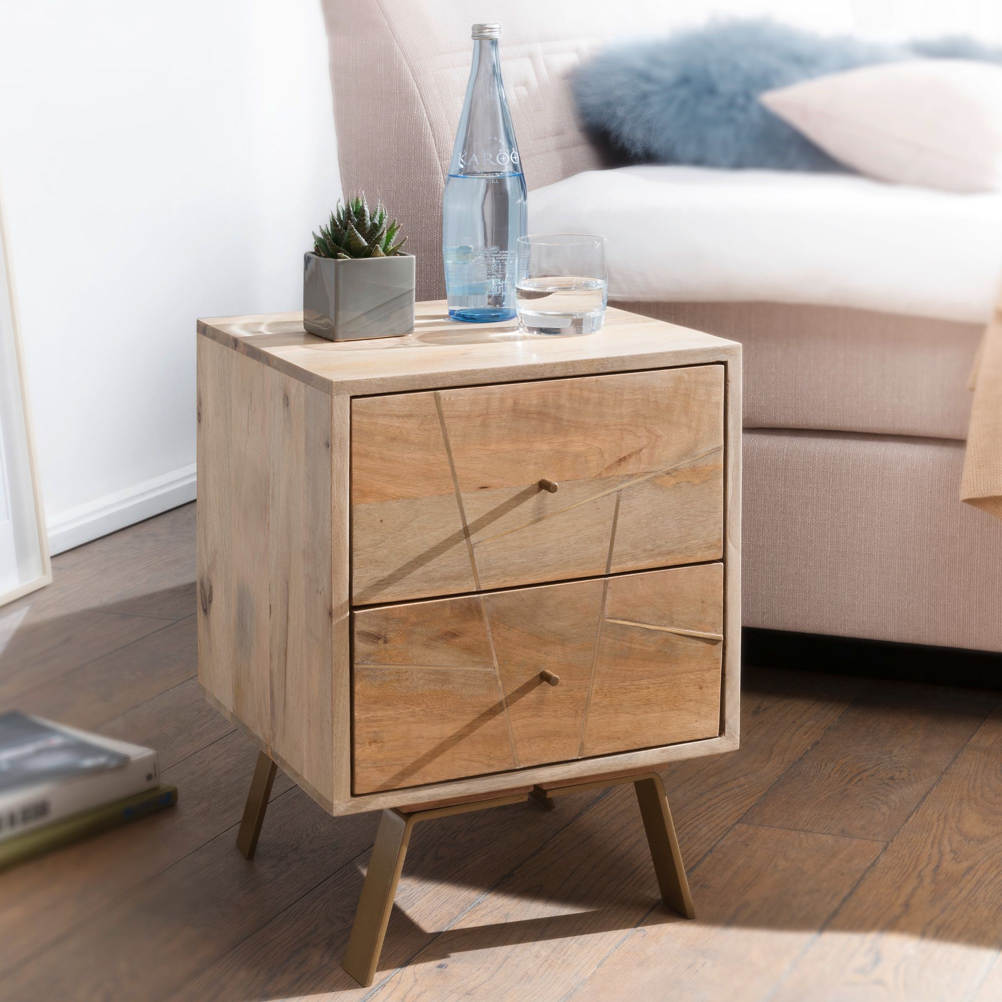 FineBuy Nachtkonsole aus Mango Massivholz mit 2 Schubladen