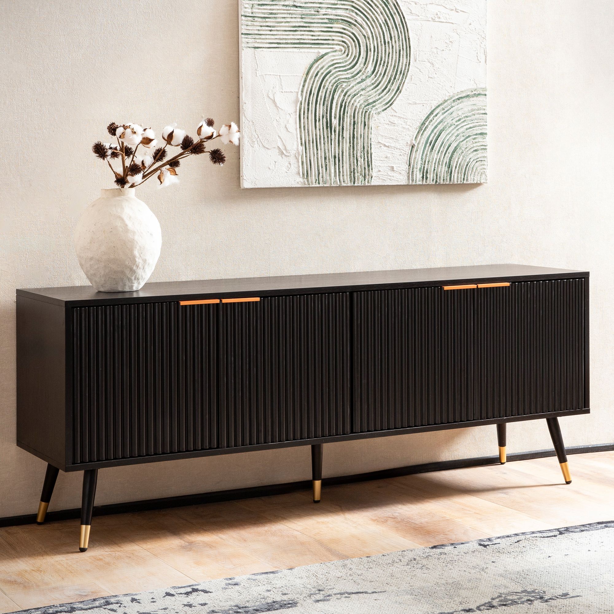 FineBuy Lowboard Schwarz mit Eiche-Dekor 150x60x39 cm TV-Kommode Modern