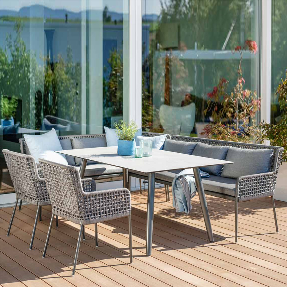 Stern Dining Set Greta ecke und 2x Sessel Kordel platin mit Stern Tisch