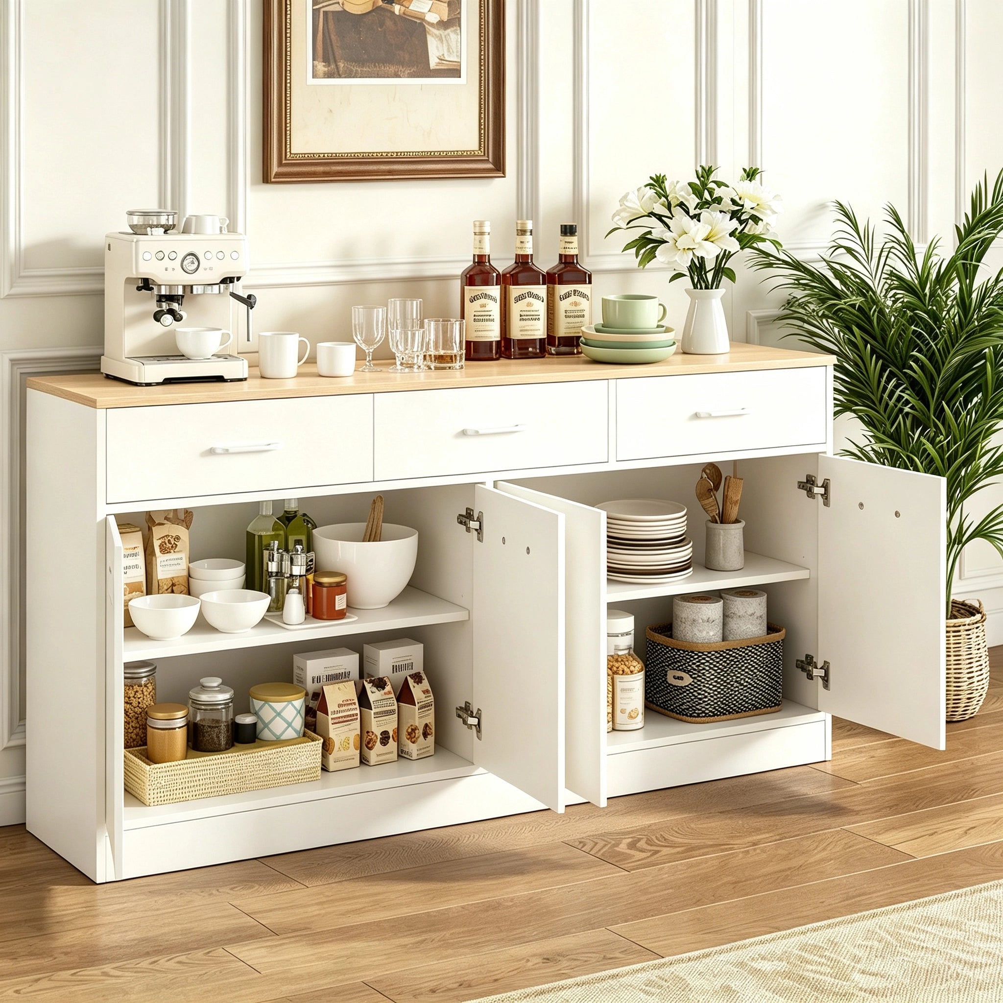 JoyyeLife Weiß MDF Kitchen Sideboard mit 3 Drawers and Adjustable Shelves