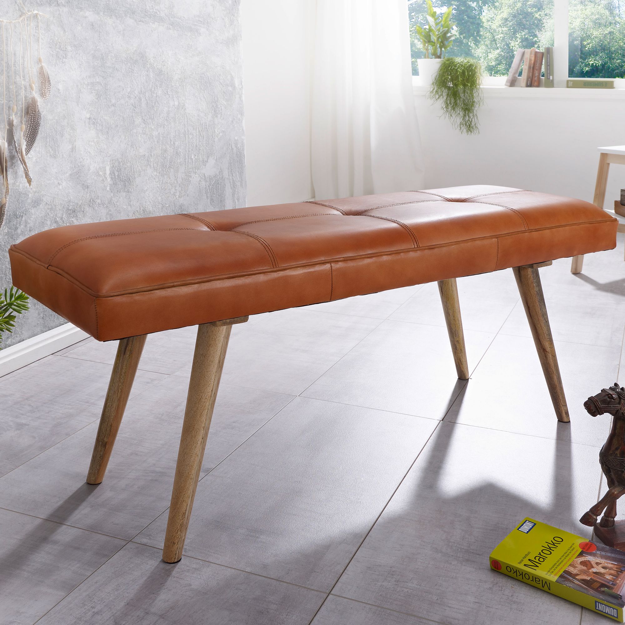 FineBuy gepolsterte Sitzbank 120cm Massivholz Echtleder Braun