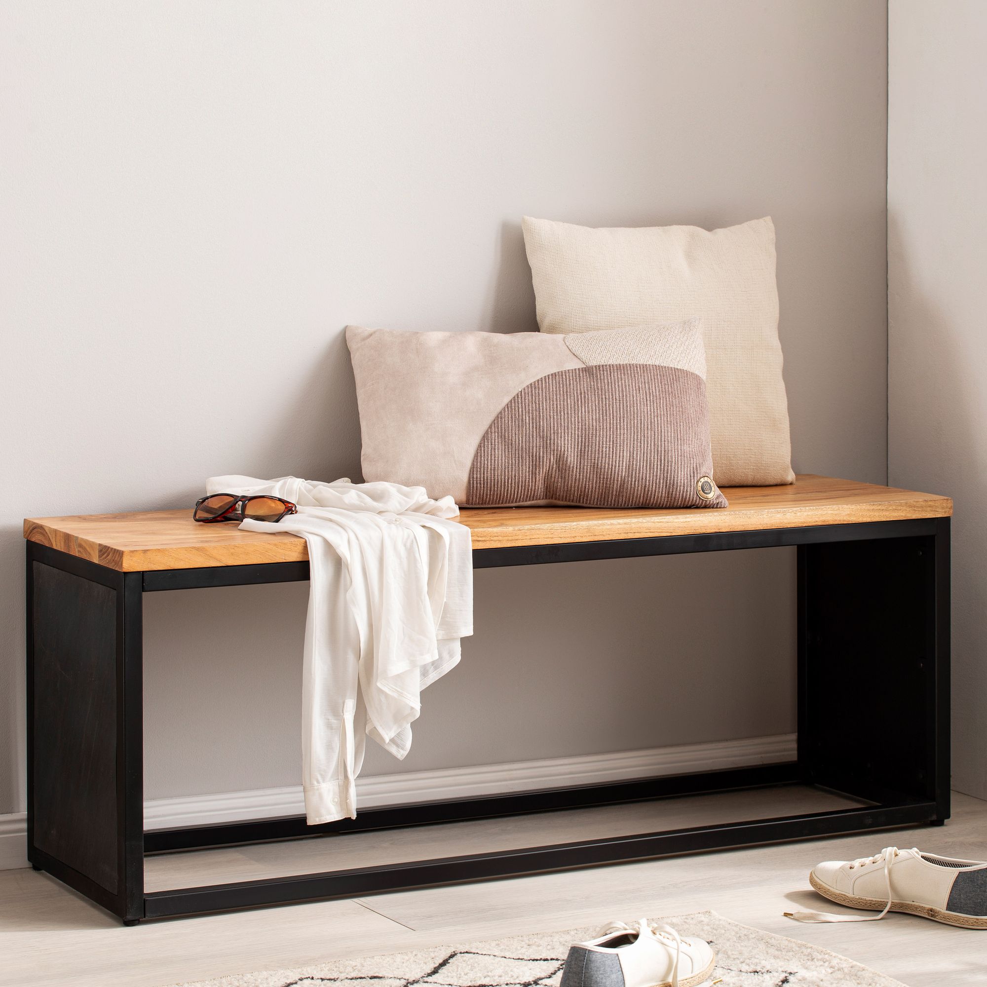FineBuy Massivholz Sitzbank 120 cm Akazie