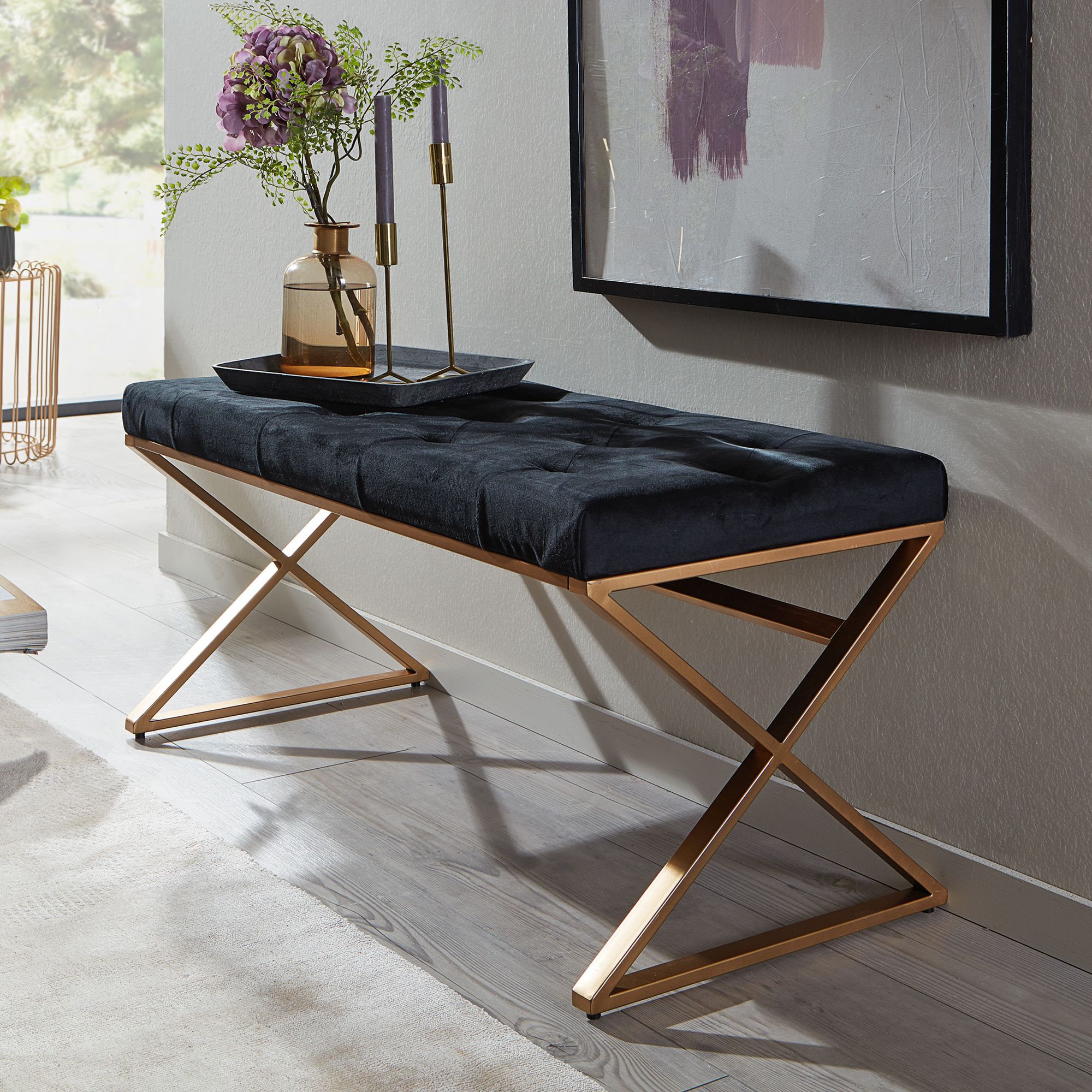 FineBuy gepolsterte Sitzbank 90 cm Samt Schwarz