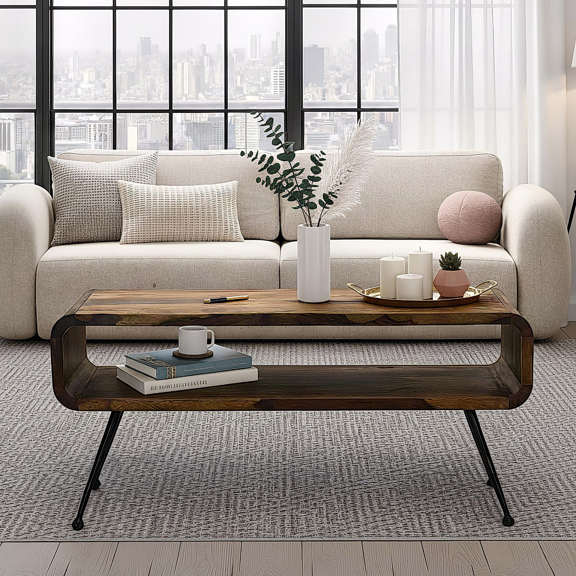 FineBuy Retro Couchtisch Sheesham Massivholz 100cm