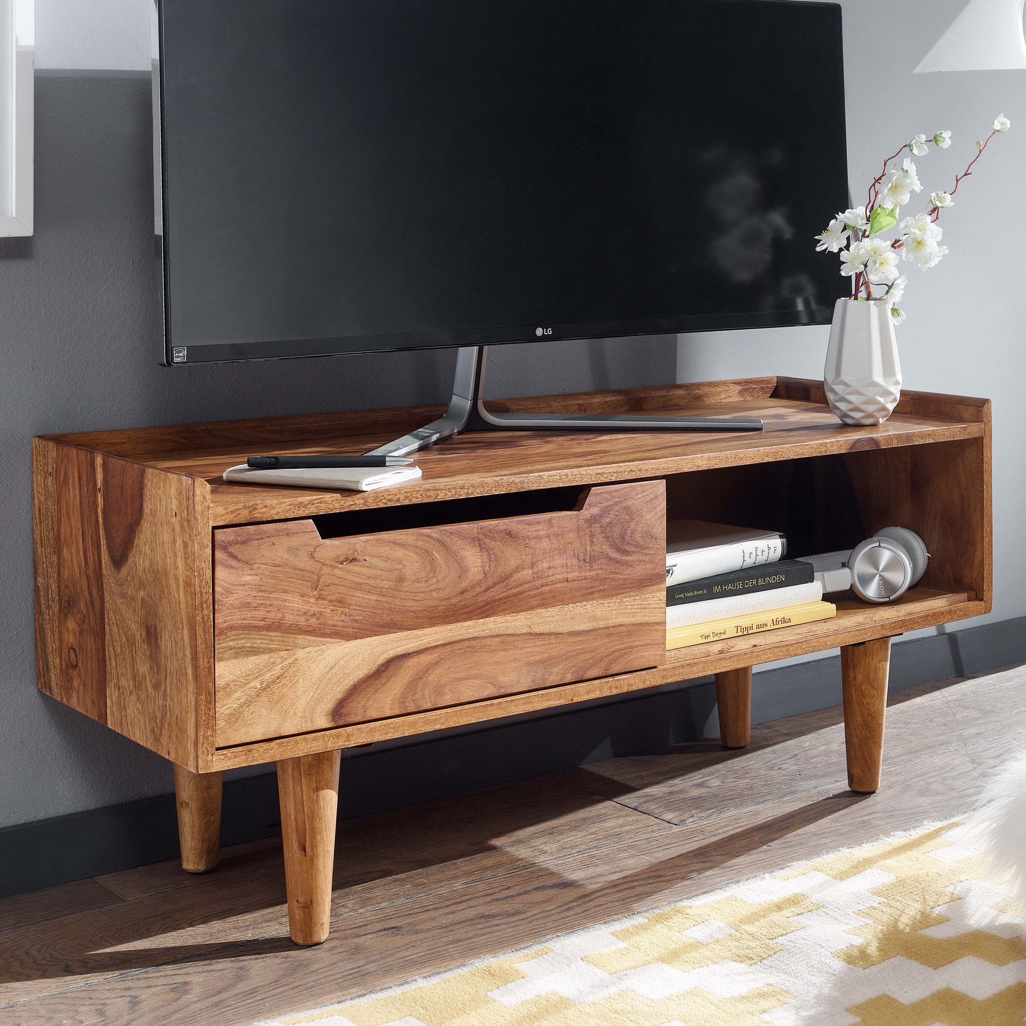 FineBuy Lowboard Sheesham Massivholz 95x44x34 cm TV-Kommode mit Schiebetür