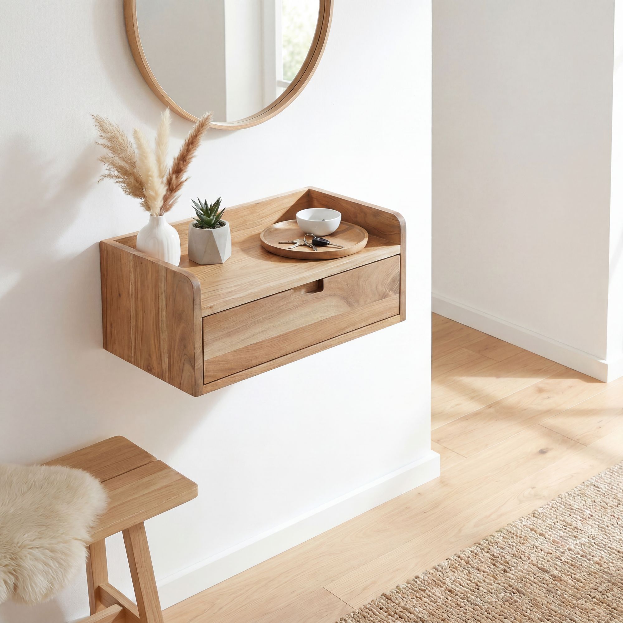 FineBuy Wandregal Akazie Massivholz 45x30cm Schwebendes Regal mit Schublade