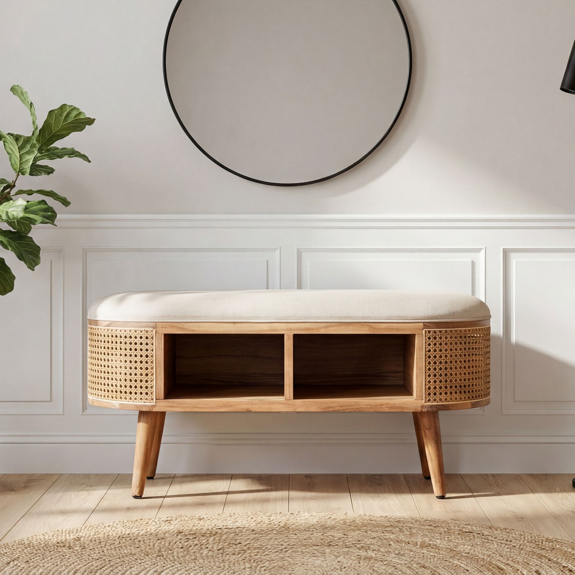 FineBuy gepolsterte Sitzbank 90 cm Wiener Geflecht