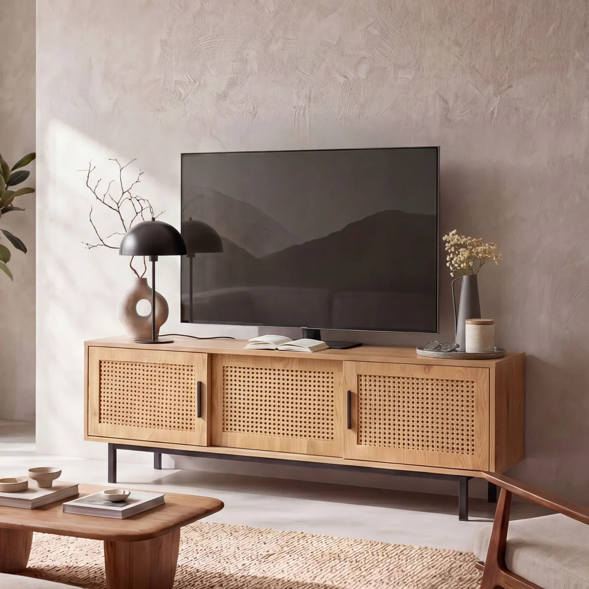 FineBuy Lowboard Eiche-Dekor mit Wiener Geflecht 120x45,5x40 cm TV-Kommode