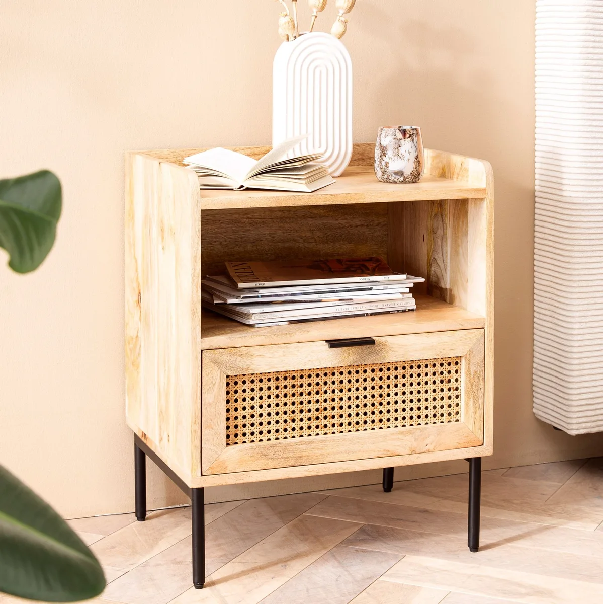 FineBuy Nachtkonsole Mango Massivholz Rattan