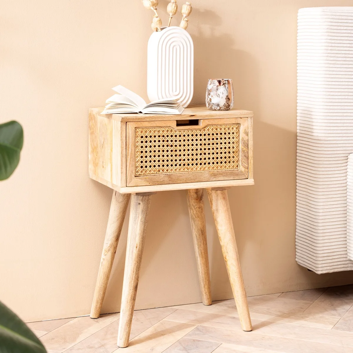 FineBuy Nachtkonsole Mango Massivholz mit Rattan & Schublade