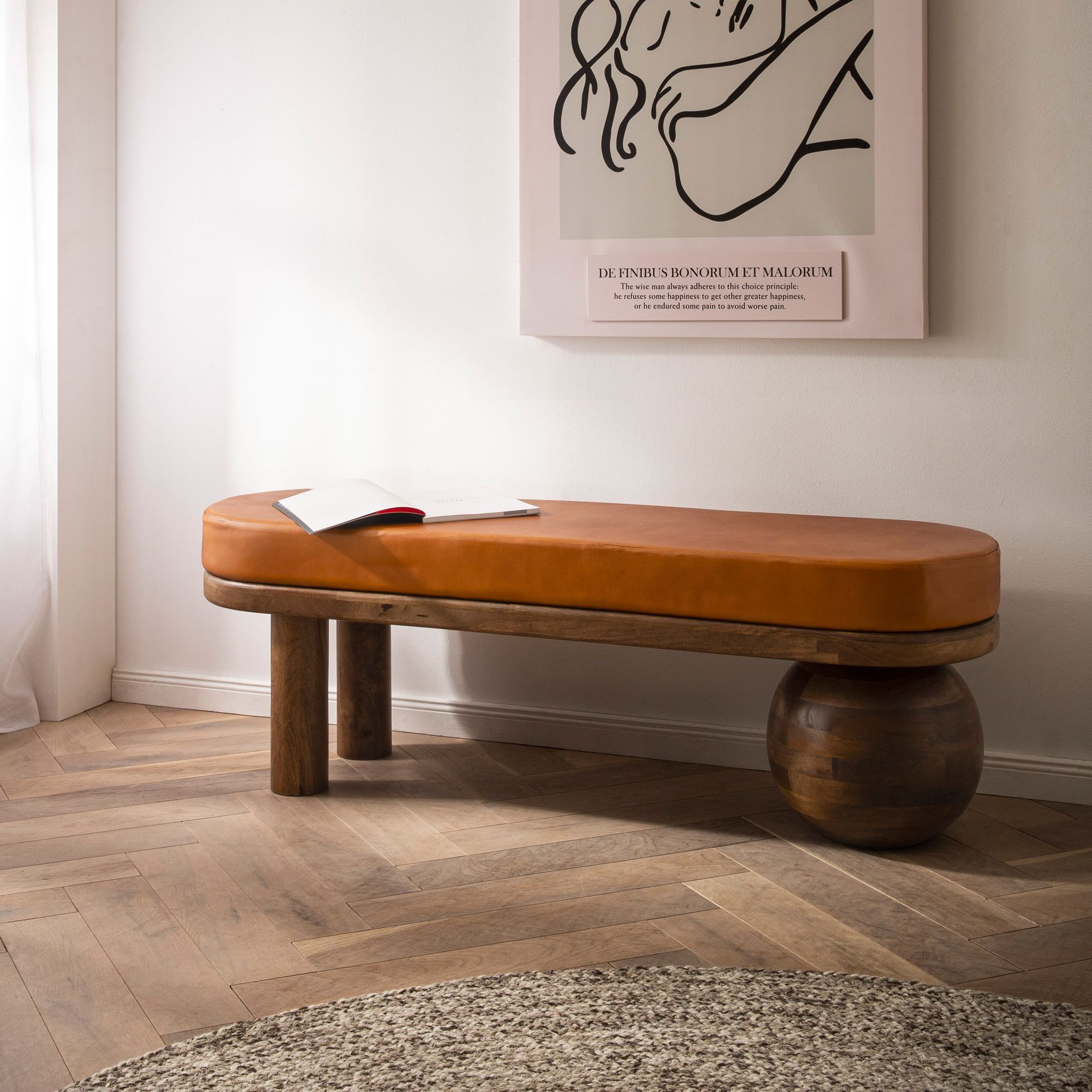 FineBuy gepolsterte Sitzbank 140 cm Massivholz Echtleder