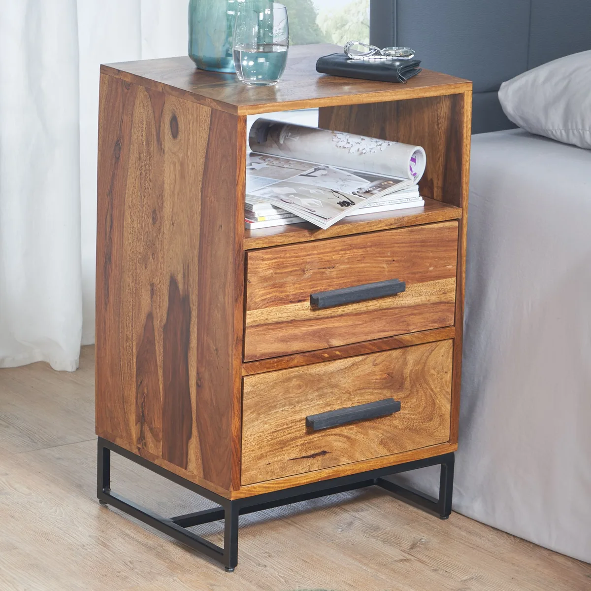 FineBuy Nachttisch Sheesham Massivholz mit Metallgestell 2 Schubladen & Ablage