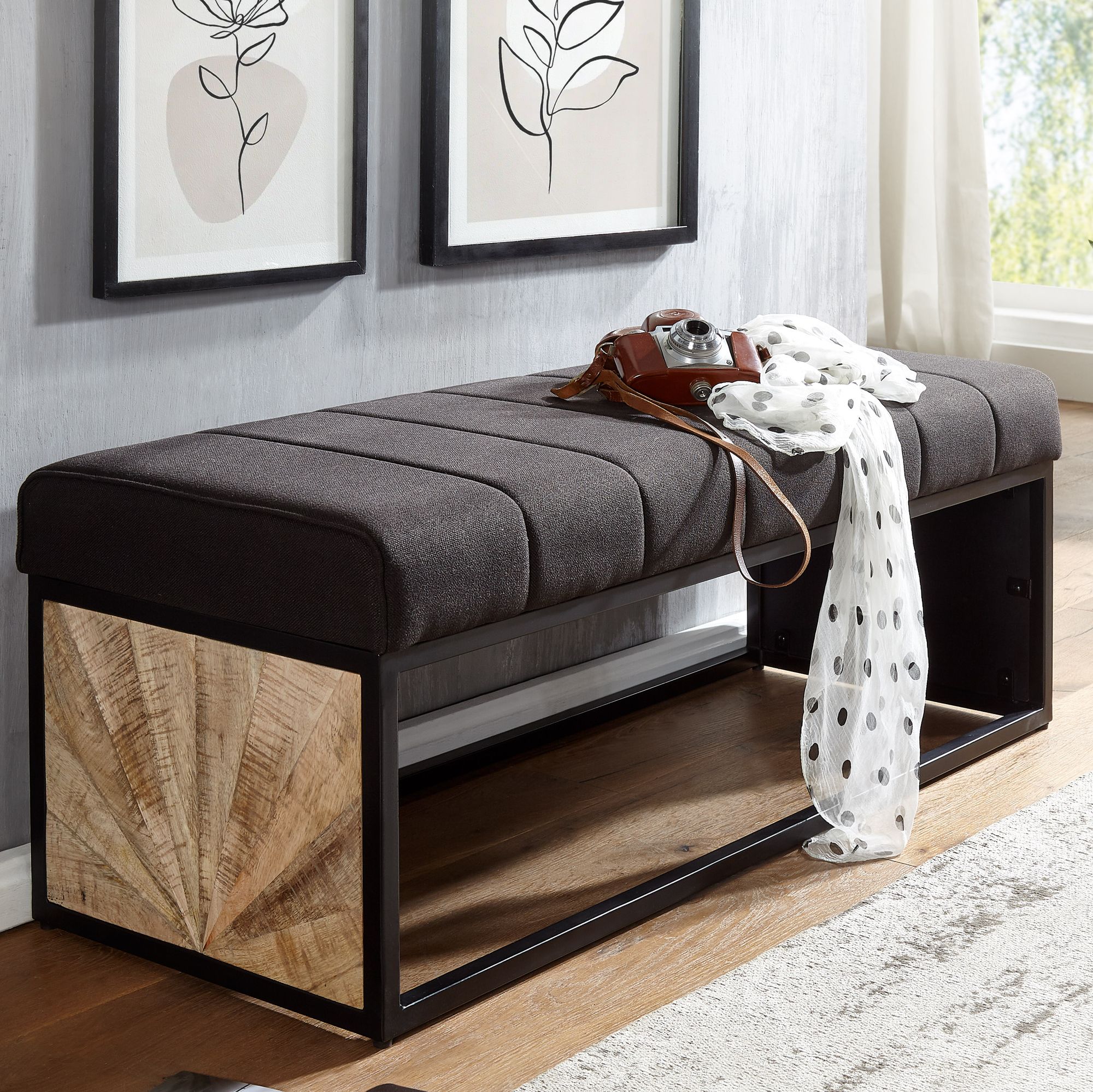 FineBuy gepolsterte Sitzbank 105 cm Massivholz Stoff