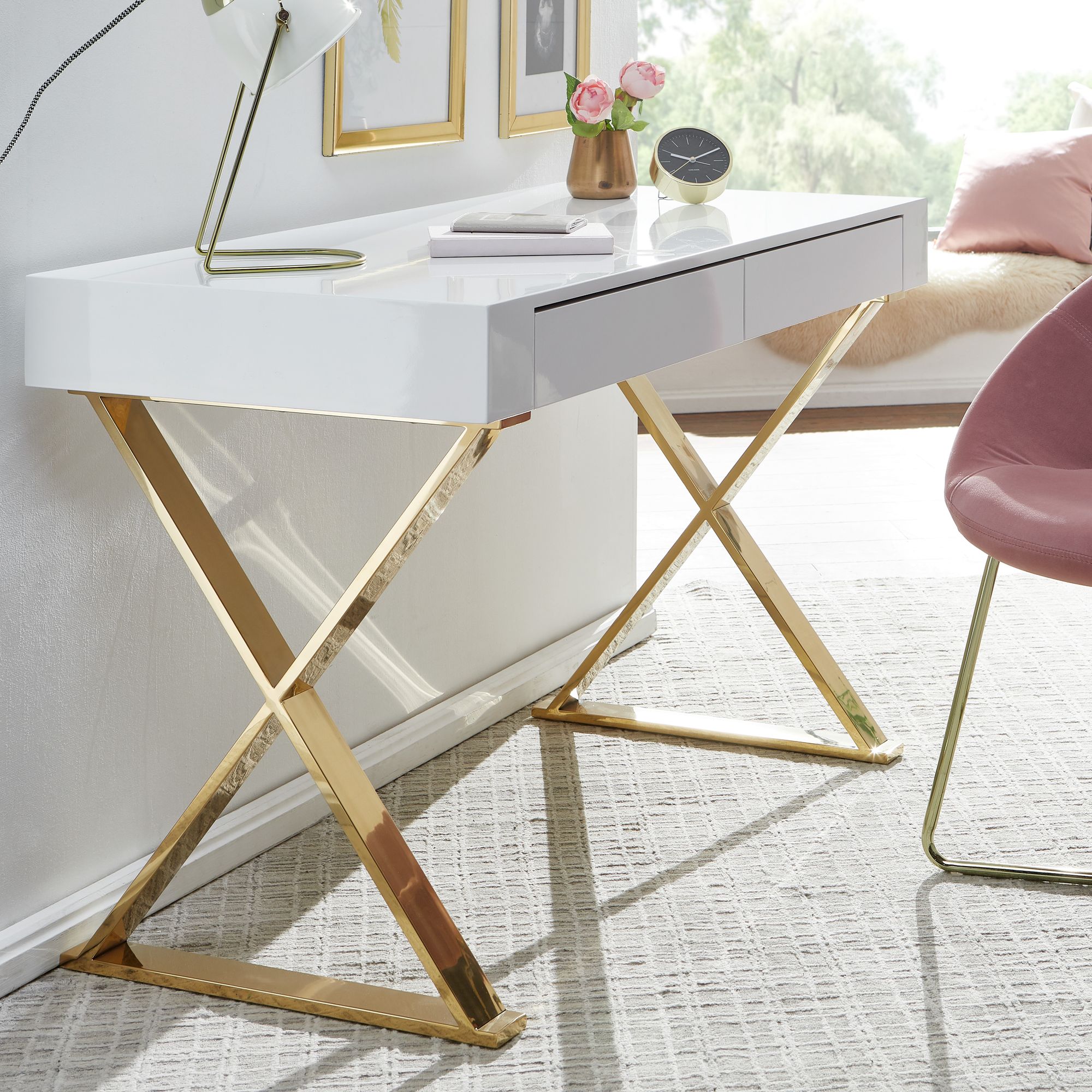 FineBuy Schreibtisch 118x76x57 cm Holz Hochglanz Weiß Metallbeine Golden