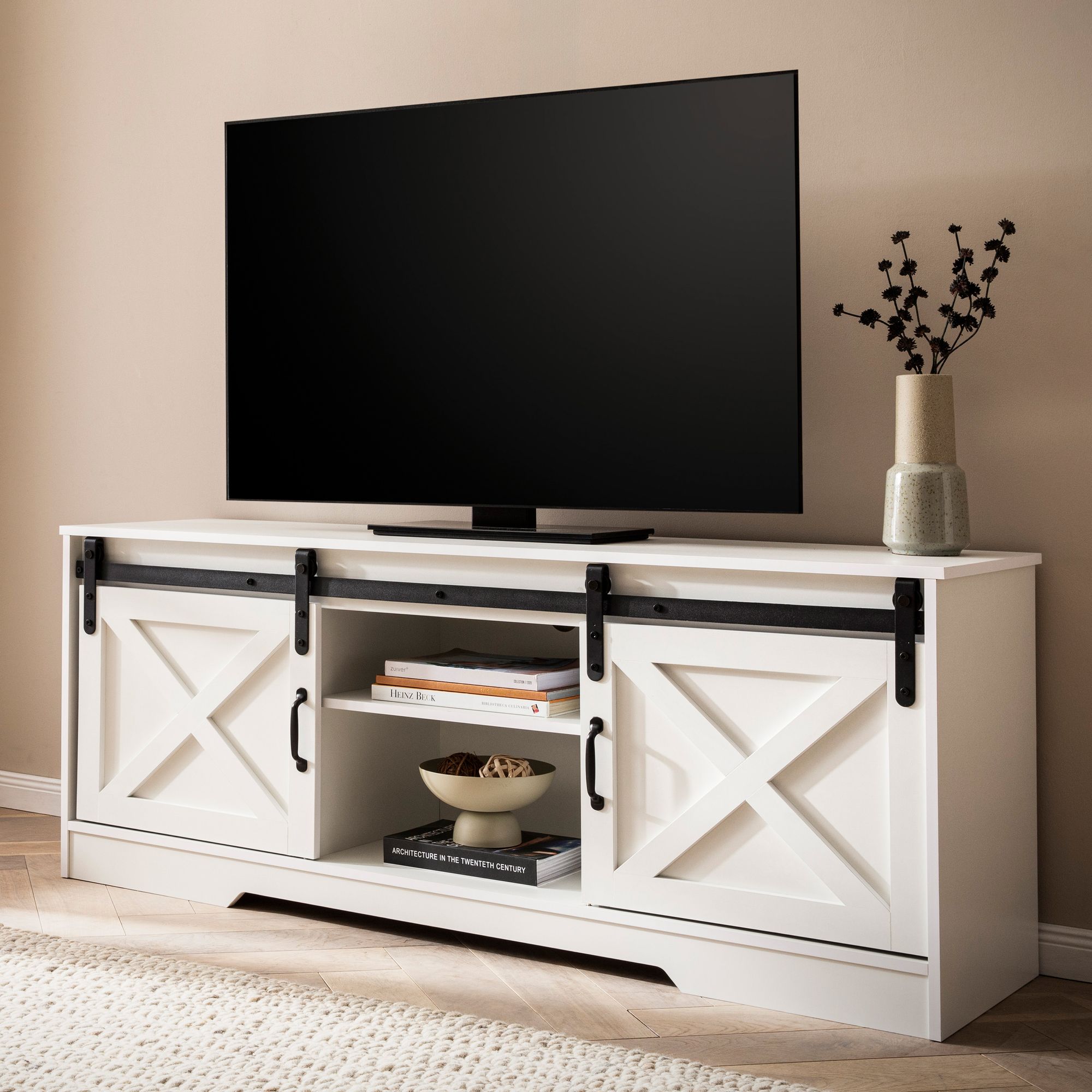 FineBuy Lowboard Weiß 150x59,5x39,5 cm TV-Kommode Landhaus-Stil Modern