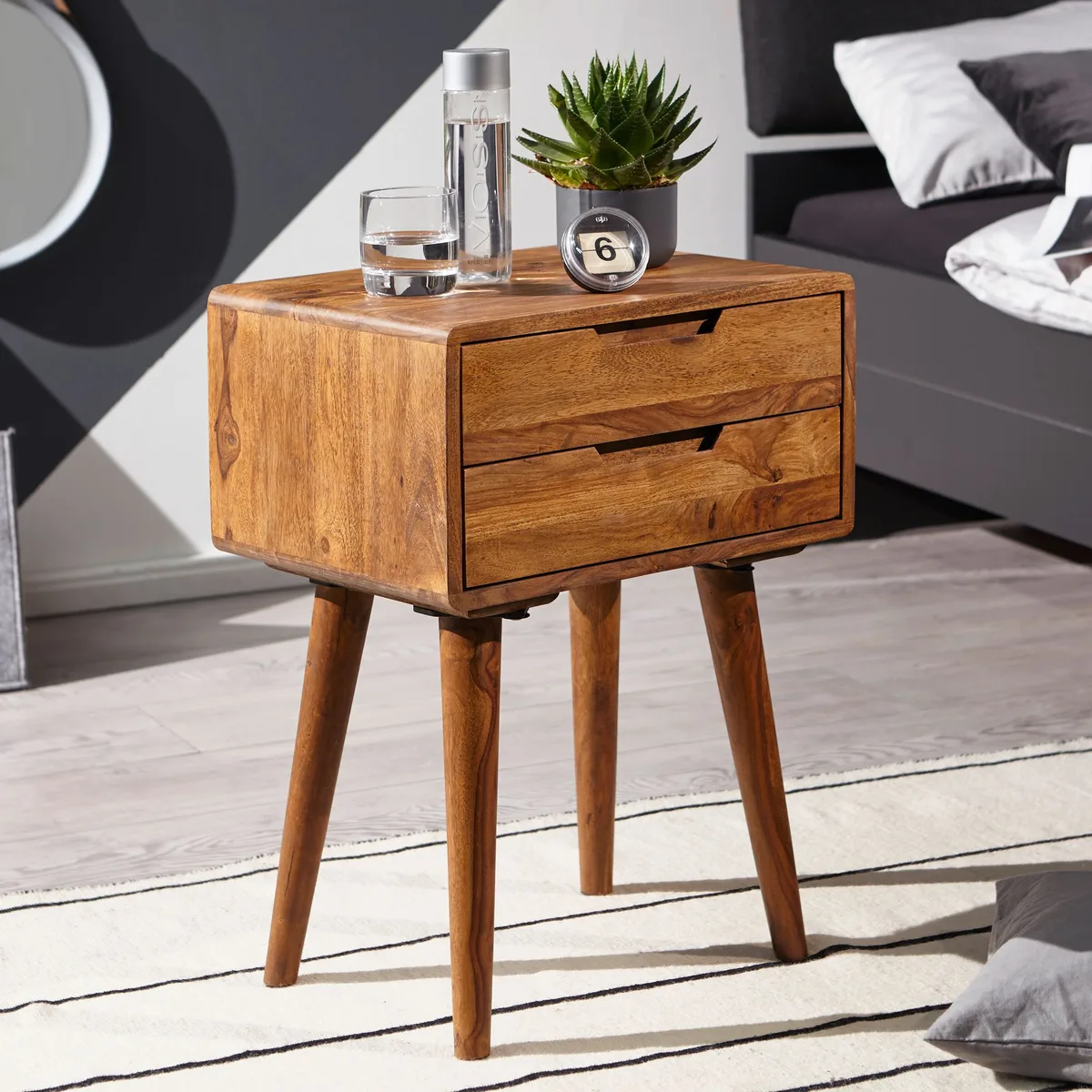 FineBuy Nachttisch Sheesham Massivholz mit 2 Schubladen