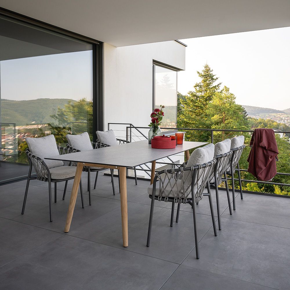 Stern 6x Sessel Klea Alu anthrazit Kordel Stone Kissenset perlgrau mit Tisch