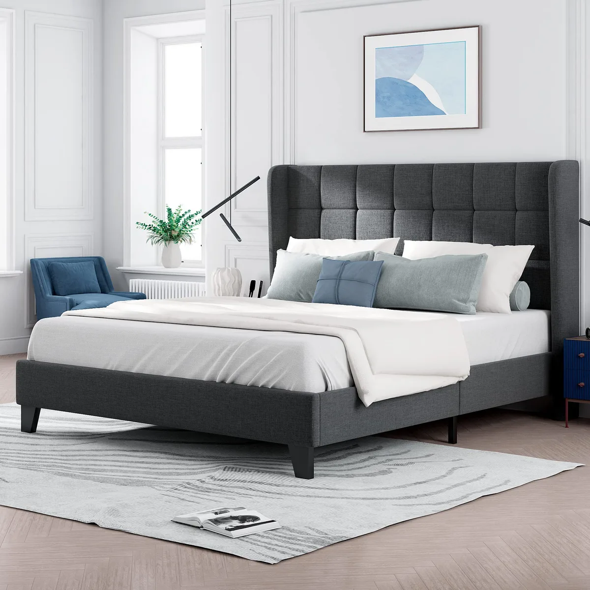AB Store Bettgestell 140x200 Doppelbett mit gepolstertem Kopfteil Graues Bett