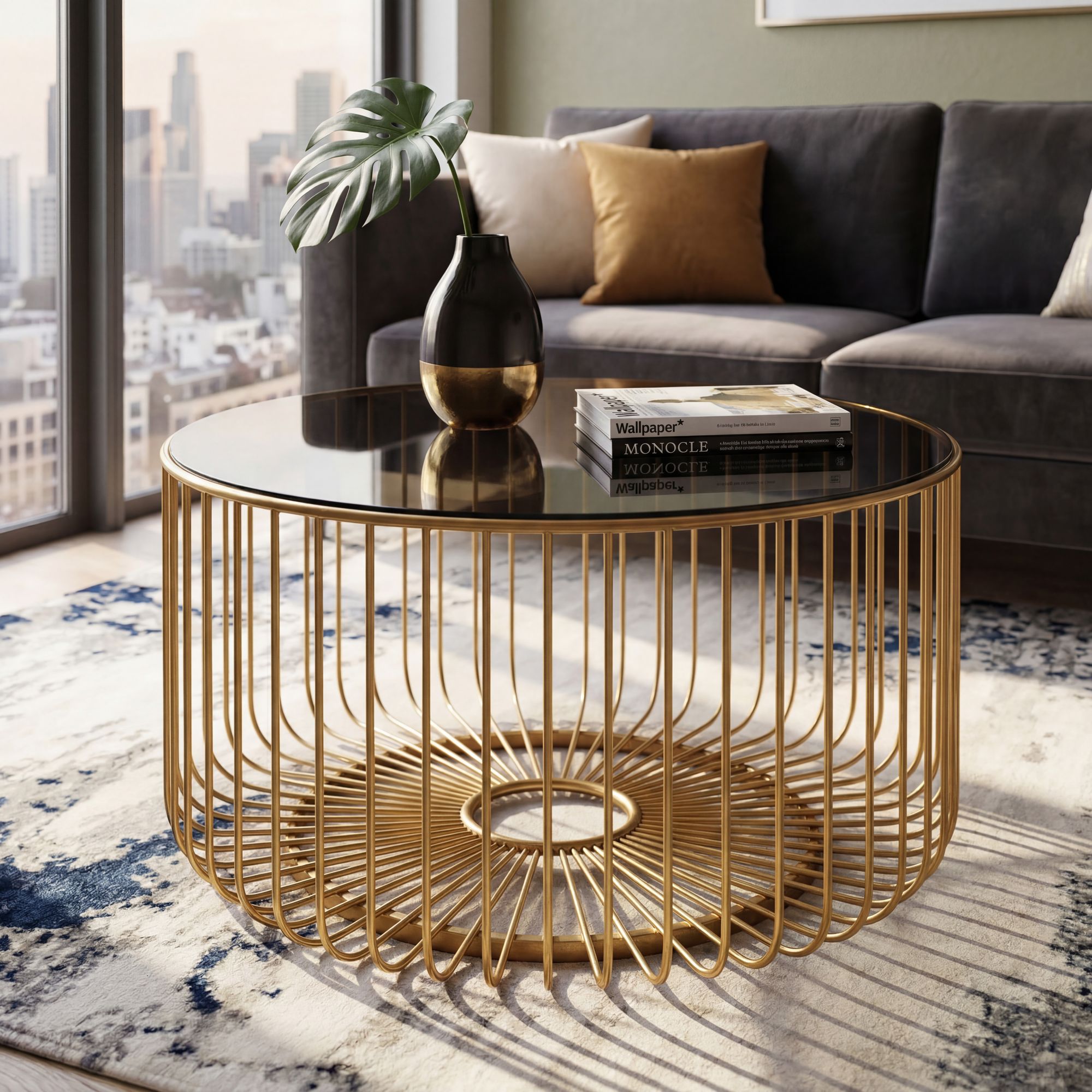 FineBuy Couchtisch Glas Metall 60cm Gold Rund