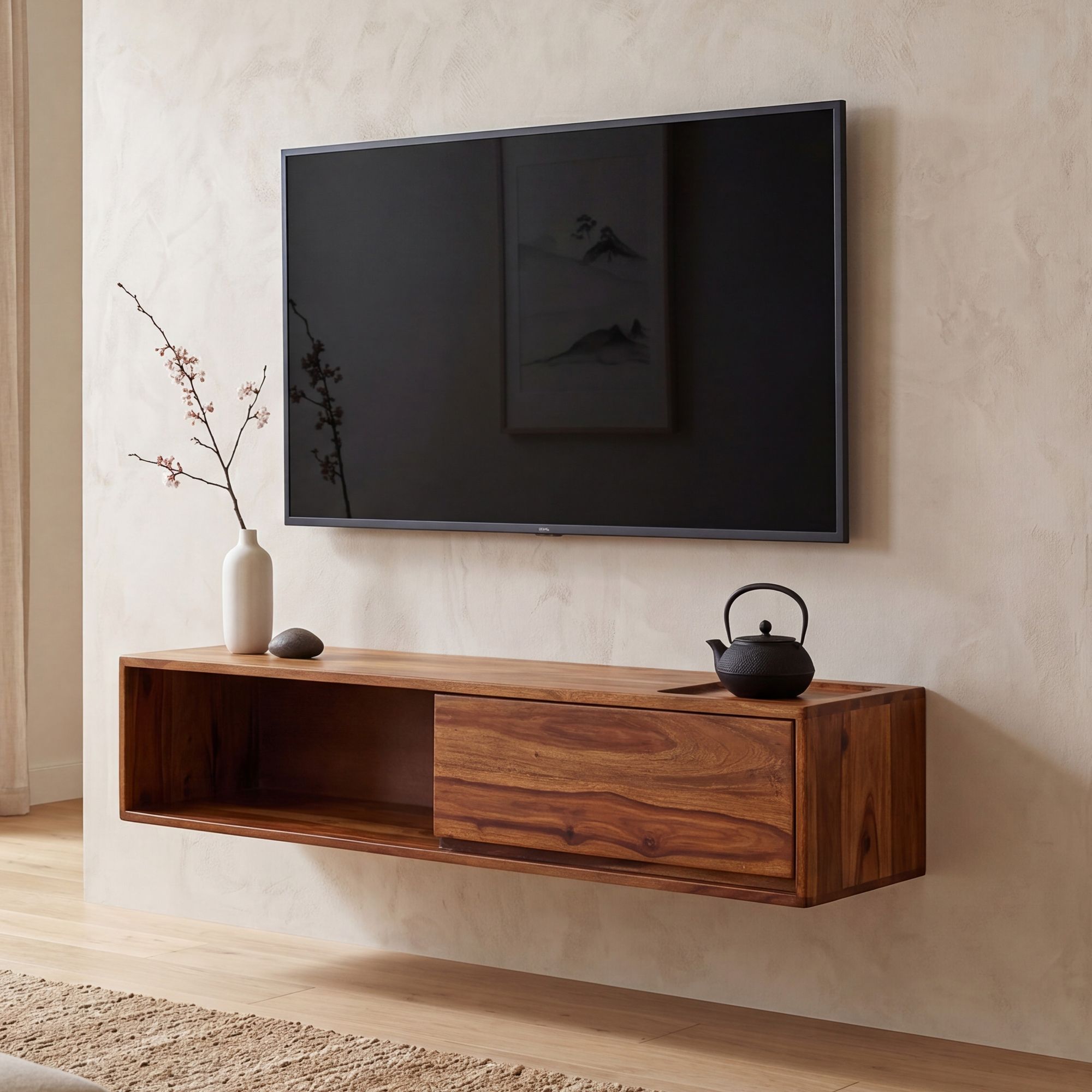 FineBuy Lowboard Hängend Sheesham Massivholz 108x25x34 cm TV-Schrank Braun