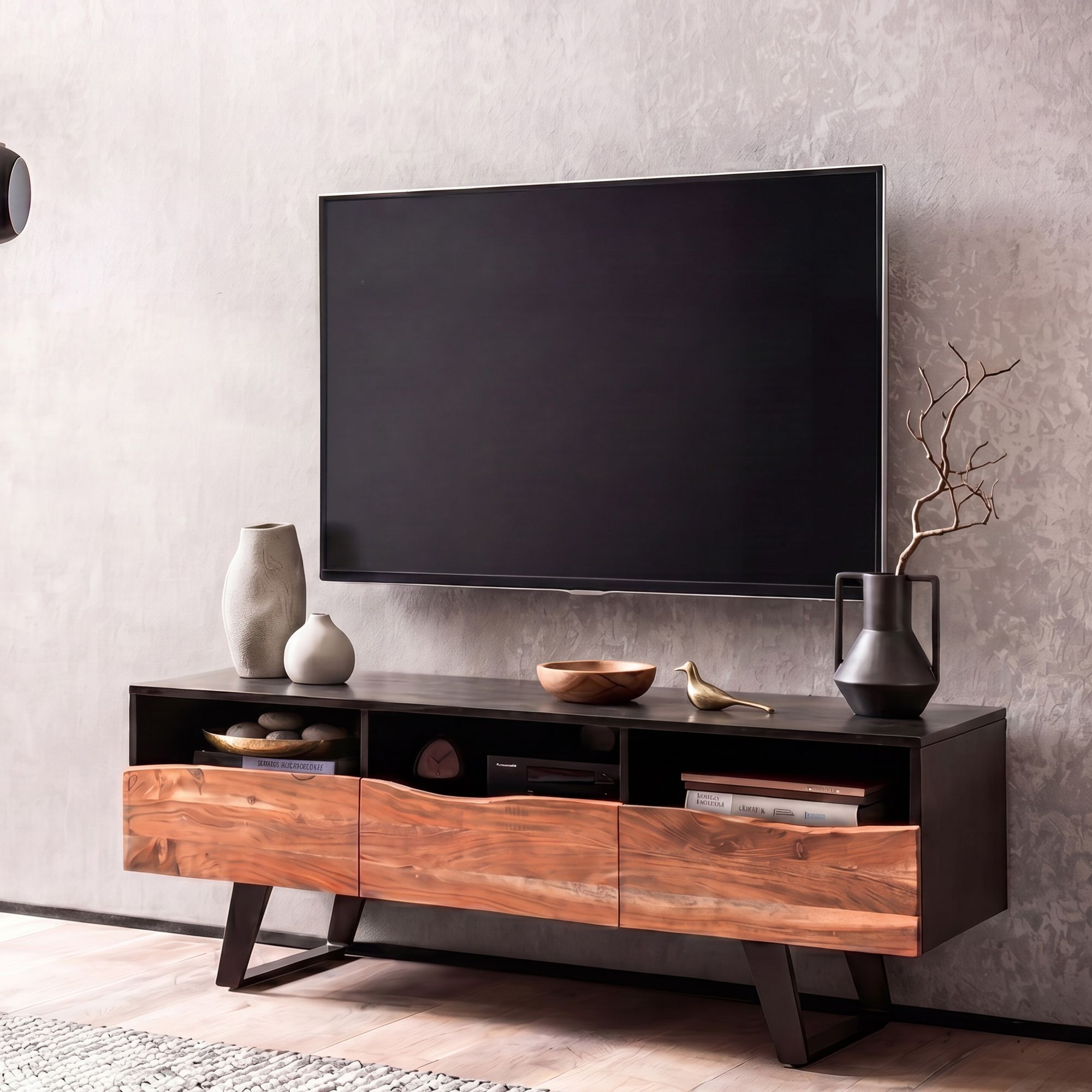 FineBuy Lowboard Akazie Massivholz 140x50x40 cm Baumkante TV-Kommode Schwarz