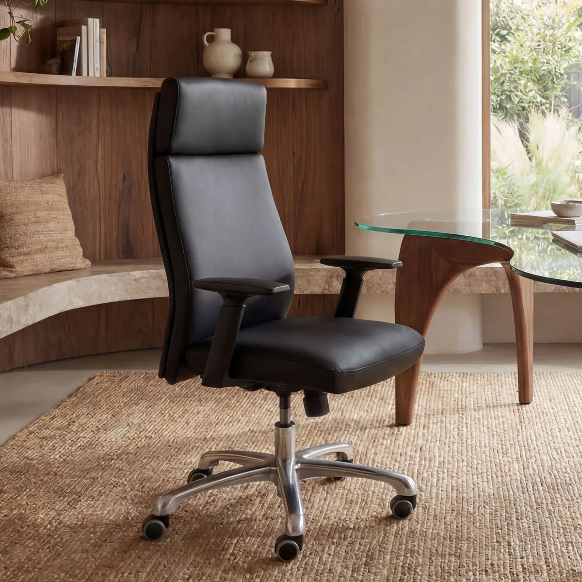 FineBuy Bürostuhl PORTO Echt-Leder Schwarz ergonomisch mit Kopfstütze