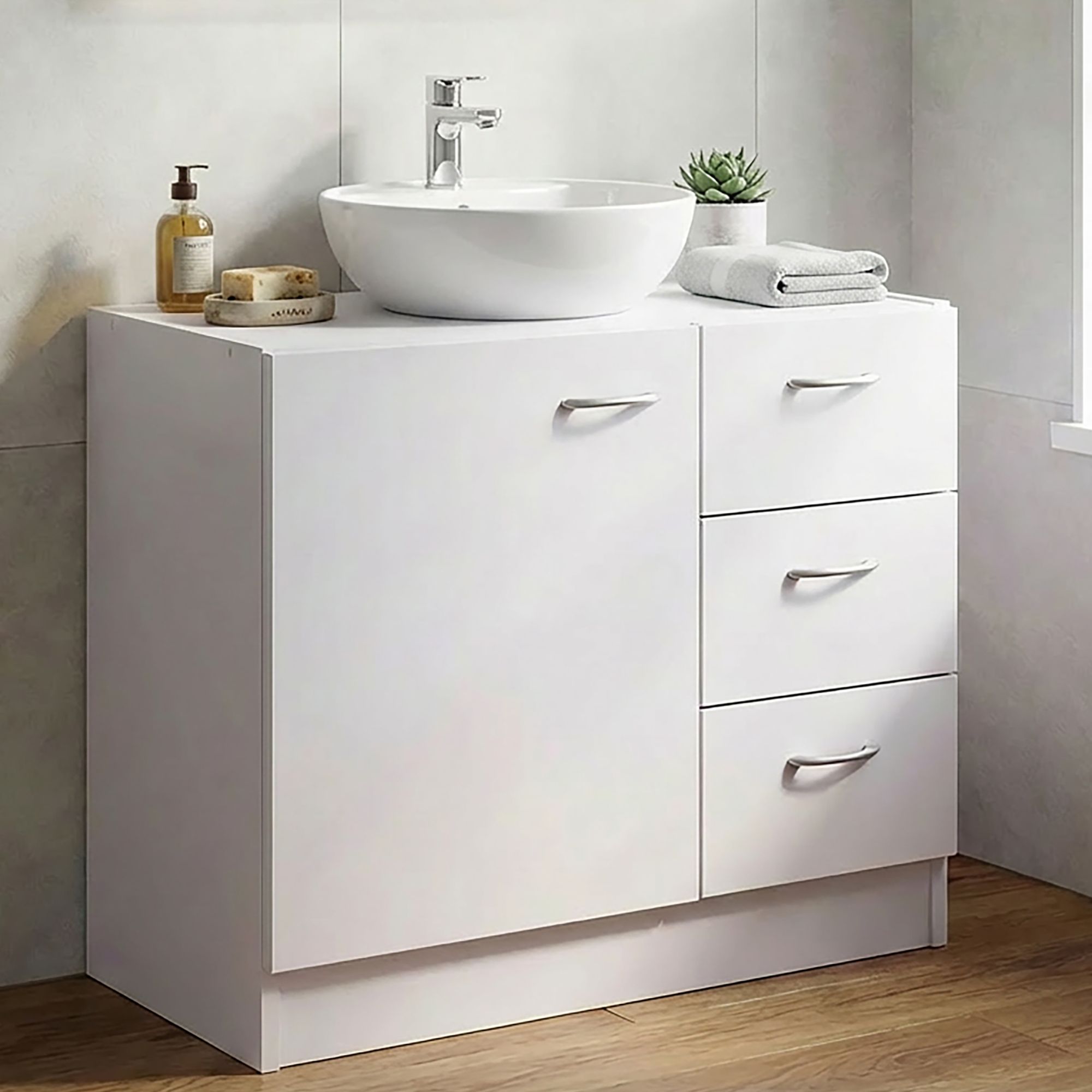 FineBuy Waschbecken-Unterschrank 54 x 63 x 30 cm weiß mit 1 Tür und 3