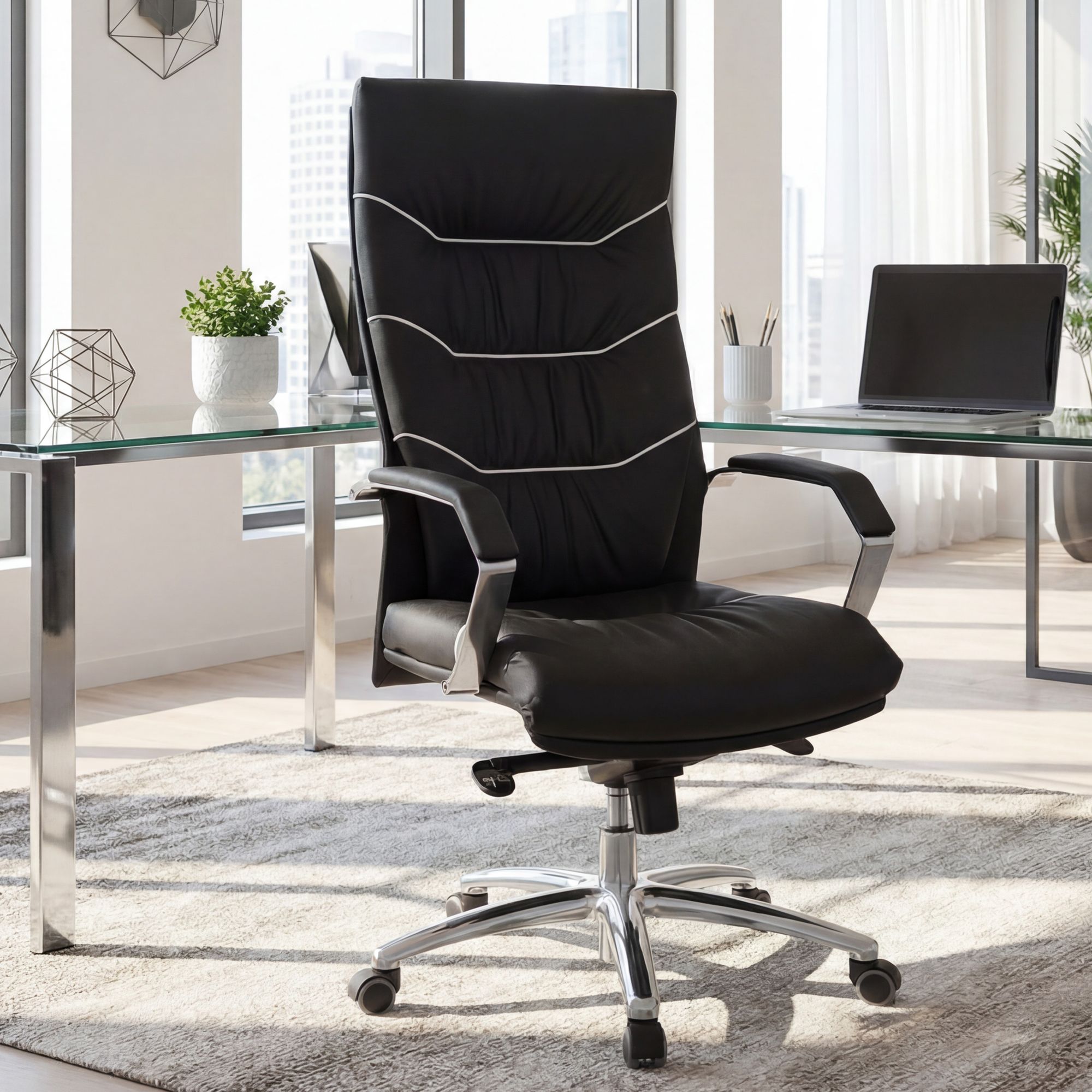 FineBuy Bürostuhl Echt-Leder schwarz Schreibtischstuhl