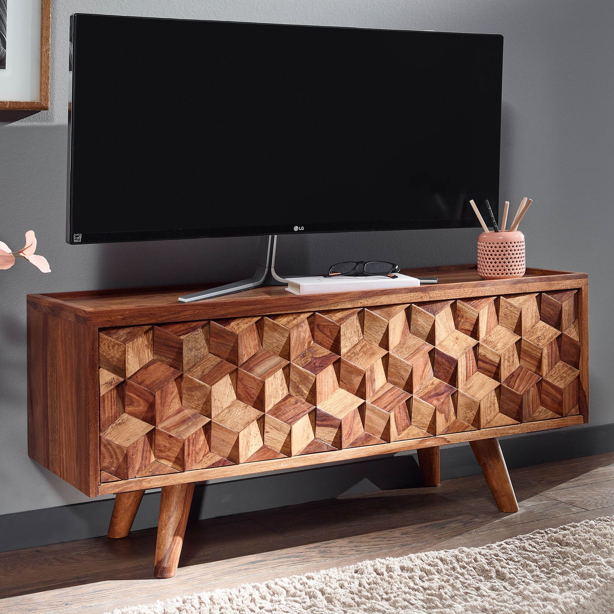 FineBuy Lowboard Sheesham Massivholz 90 cm