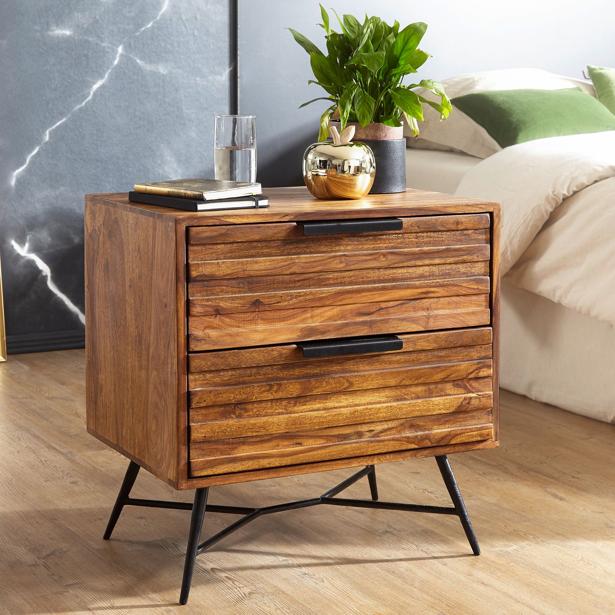 FineBuy Nachtkonsole Sheesham Massivholz mit 2 Schubladen