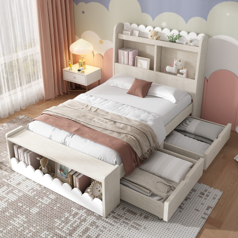 Kinderbett 90x190 cm mit Schubladen, Regal & Sitzbank