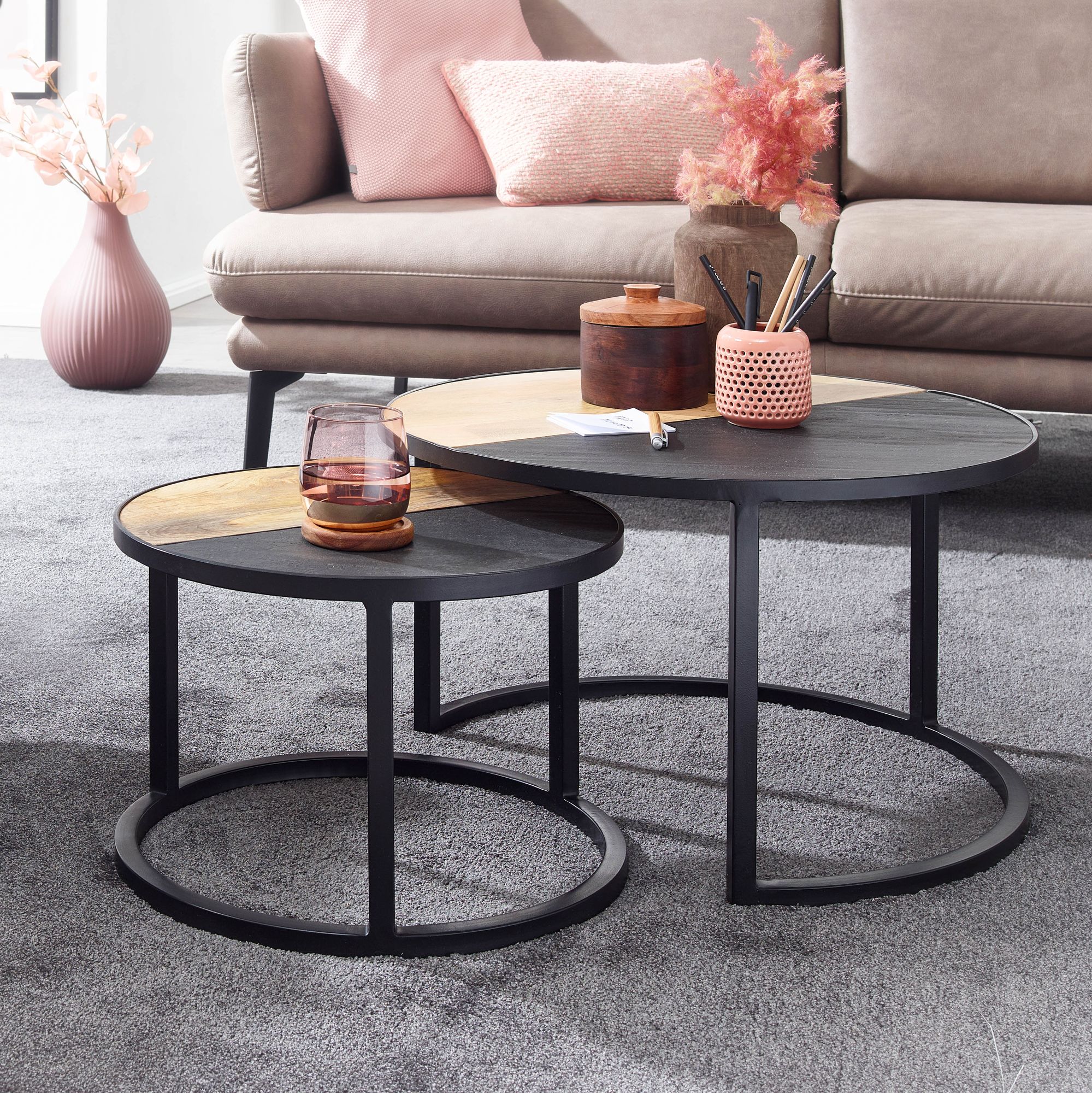 FineBuy Couchtisch Set 2er rund Mango Massivholz & Steinoptik