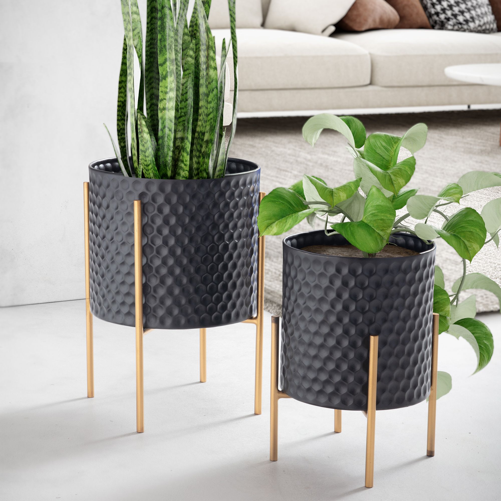 FineBuy Blumentopf 2er Set Metall Pflanzkübel Schwarz / Gold mit Füßen