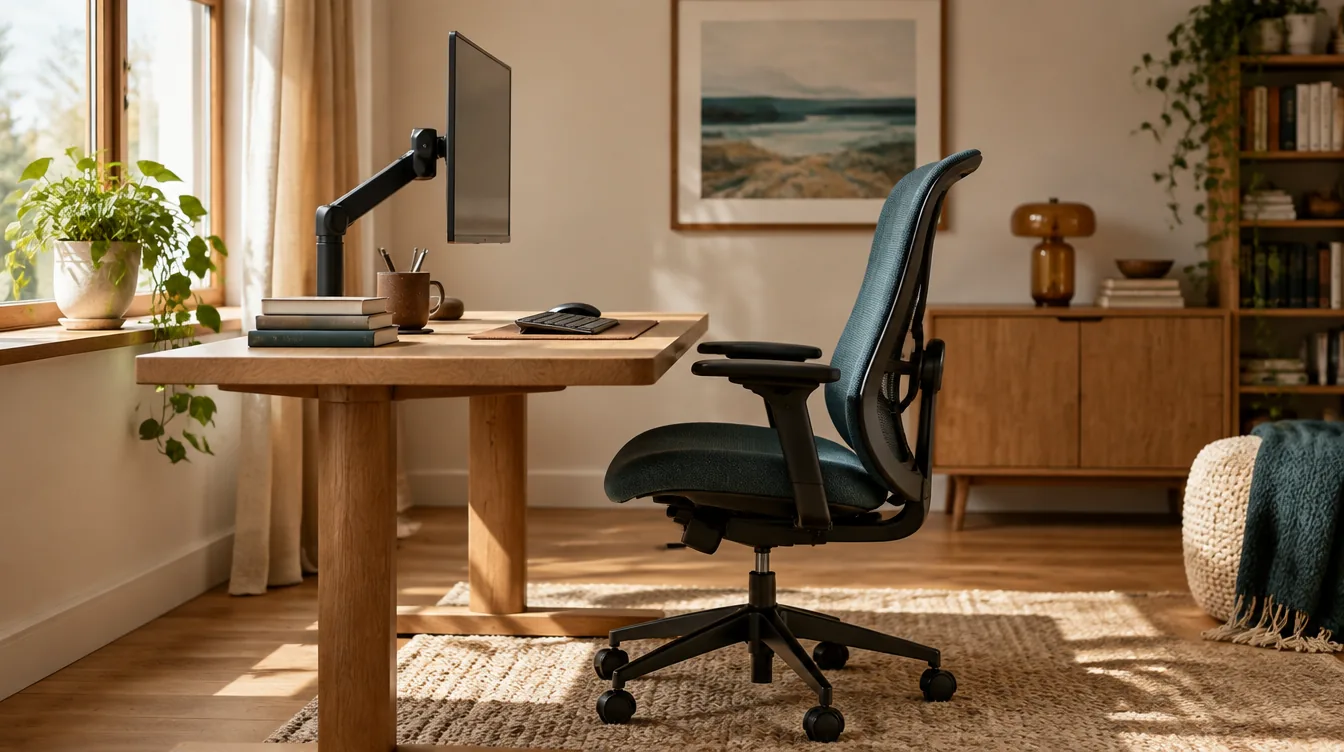 Homeoffice-Arbeitsplatz am Fenster: externer Monitor auf Schwenkarm, separate Tastatur und Maus, Bürostuhl