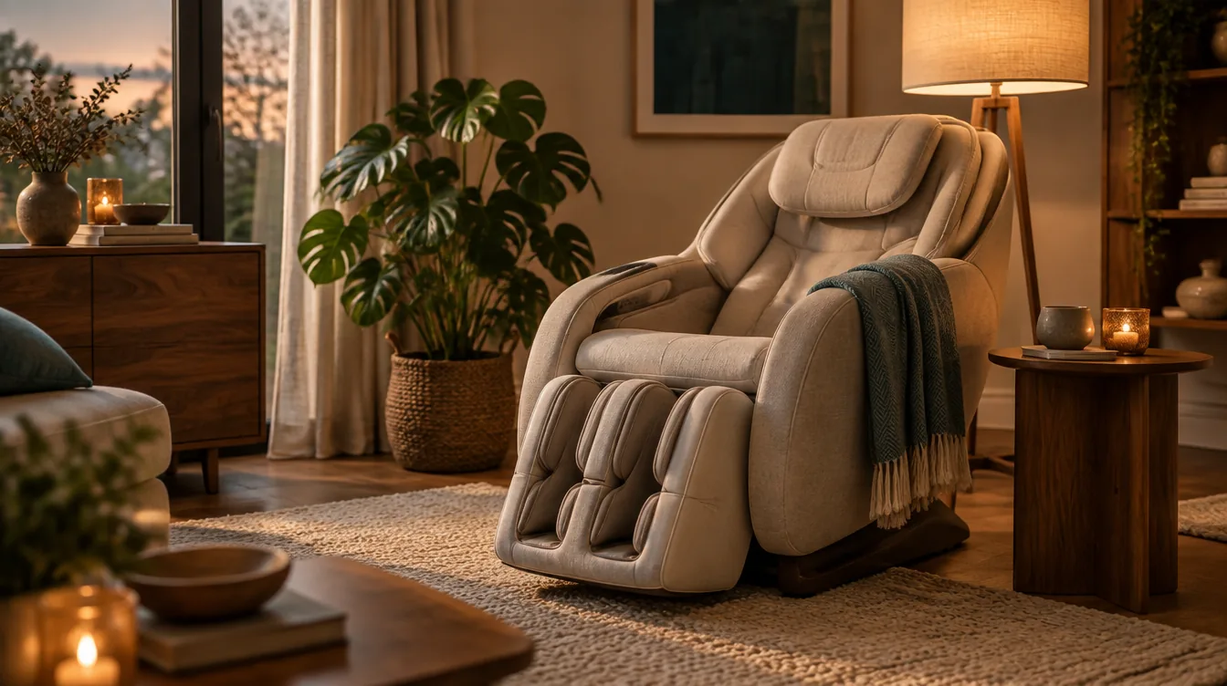 Heller Massagesessel mit Wadenmassage in einem abendlich beleuchteten Wohnzimmer