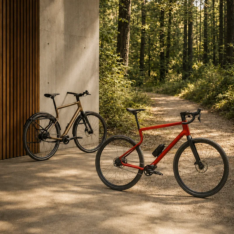 Zwei Fahrräder auf einem sonnigen Waldweg