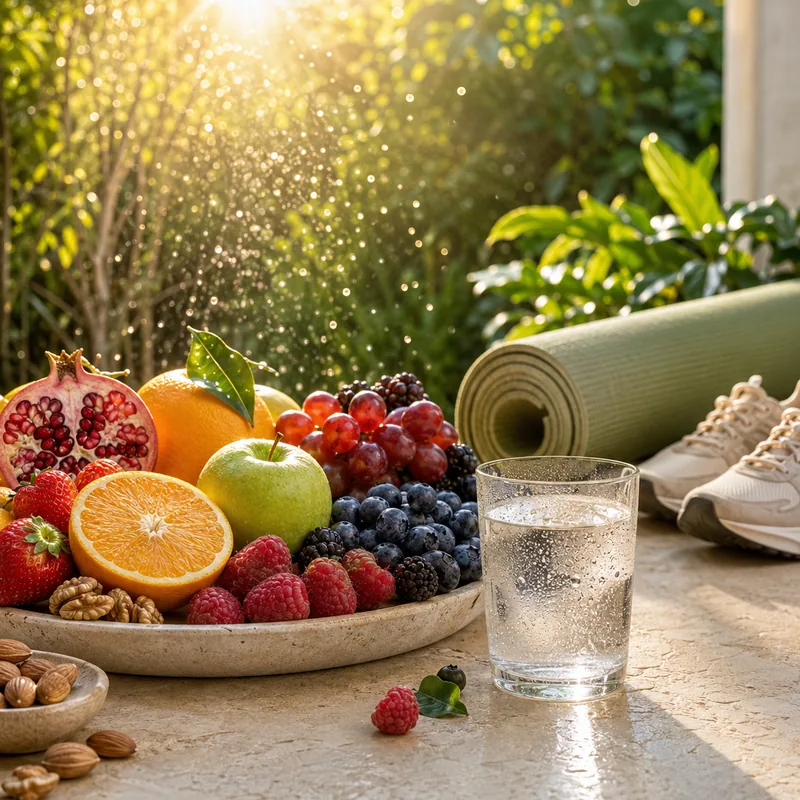 Frisches Obst, Nüsse und Yogamatte im Morgenlicht