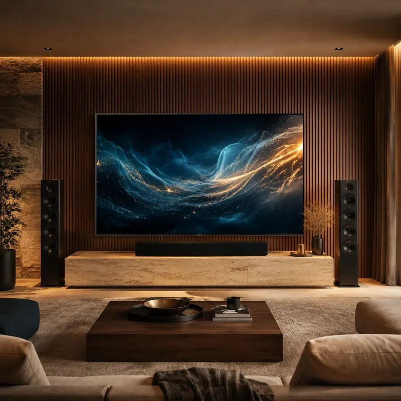 Grosser Fernseher an einer Holzwand im warm beleuchteten Wohnzimmer