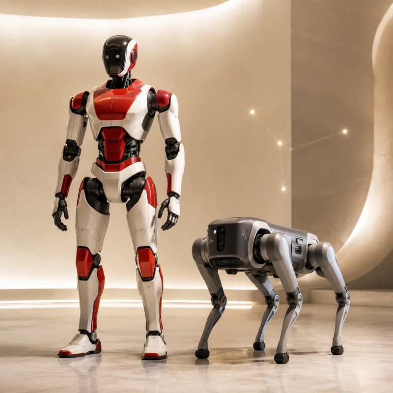 Humanoider Roboter und vierbeiniger Roboterhund in einem hellen Raum
