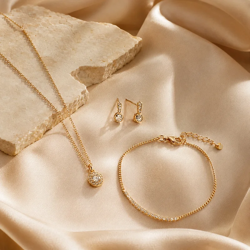 Goldene Kette, Ohrringe und Armband auf Seide