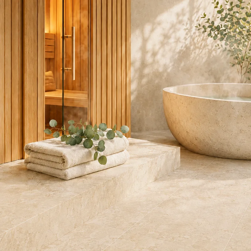 Sauna und Steinbadewanne im warmen Licht
